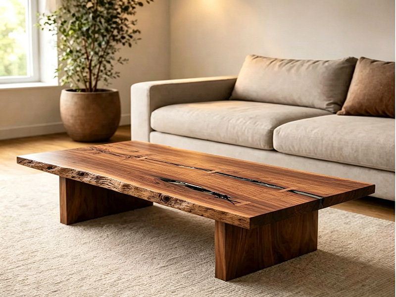 Luxuriöser Couchtisch aus amerikanischem Nussbaumholz mit Baumkante und Epoxidharzbeschichtung W-260803