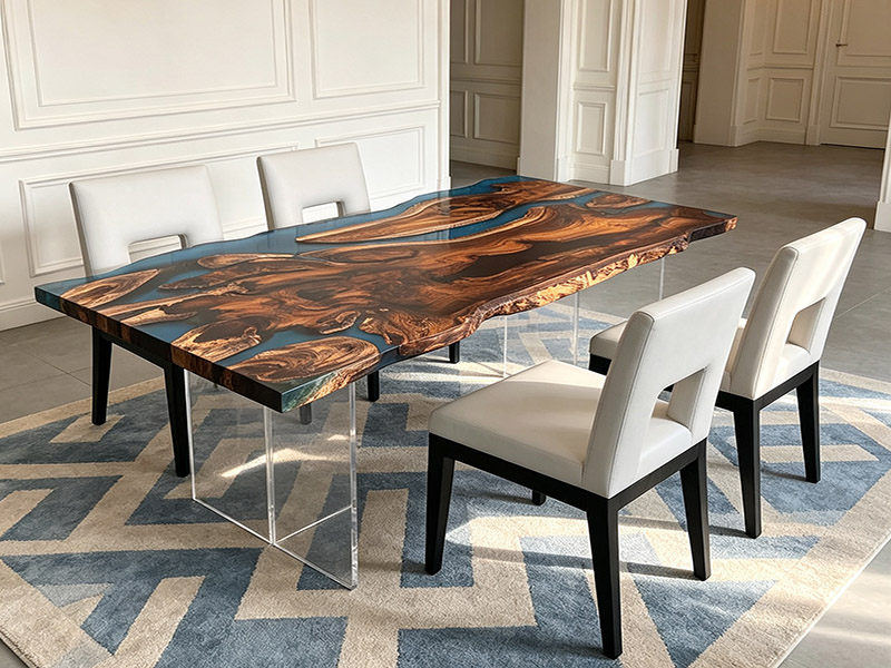Maßgefertigter Esstisch aus Kassod-Holz mit blauer Epoxidharz-Beschichtung und Baumkante, Ka-2601