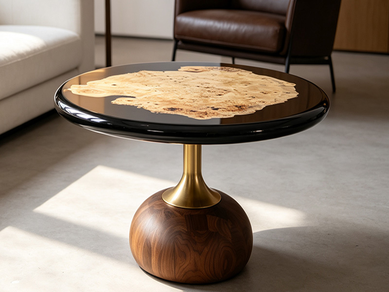 Handgefertigter runder Couchtisch aus Pappelmaserholz P-2609
