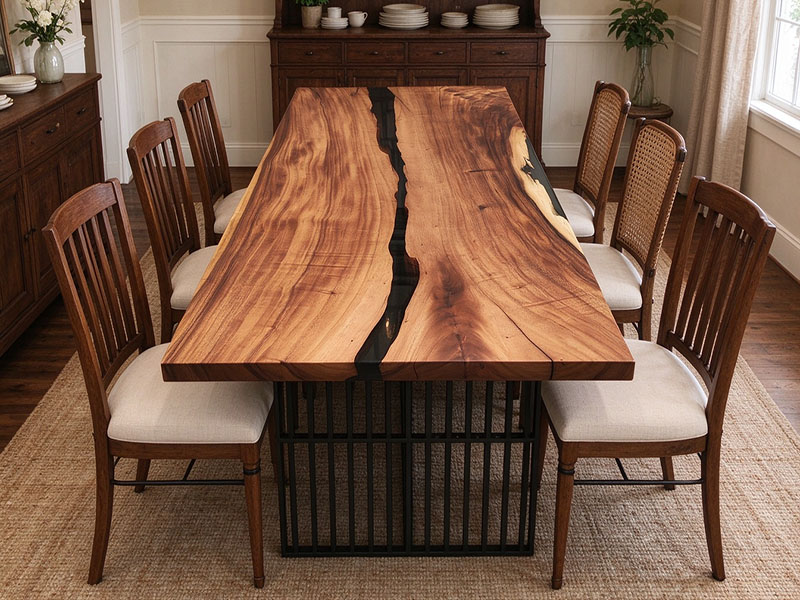 Raintree Holz-Esstisch mit natürlicher Baumkante und Epoxidharz-Fluss T260929