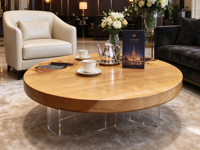 Runder Couchtisch aus Massivholz mit Epoxidharzbeschichtung C-261007